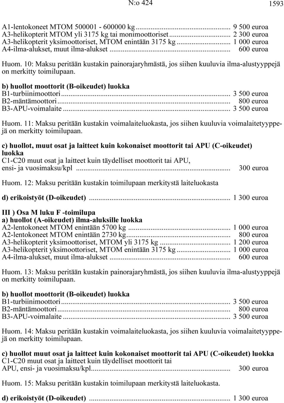 b) huollot moottorit (B-oikeudet) luokka B1-turbiinimoottori... 3 500 euroa B2-mäntämoottori... 800 euroa B3-APU-voimalaite... 3 500 euroa Huom.