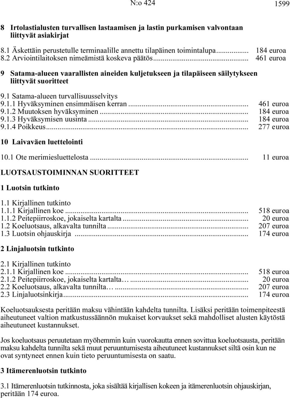 1 Satama-alueen turvallisuusselvitys 9.1.1 Hyväksyminen ensimmäisen kerran... 461 euroa 9.1.2 Muutoksen hyväksyminen... 184 euroa 9.1.3 Hyväksymisen uusinta... 184 euroa 9.1.4 Poikkeus.