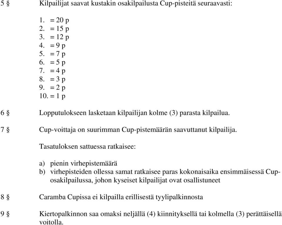 Tasatuloksen sattuessa ratkaisee: a) pienin virhepistemäärä b) virhepisteiden ollessa samat ratkaisee paras kokonaisaika ensimmäisessä Cuposakilpailussa, johon