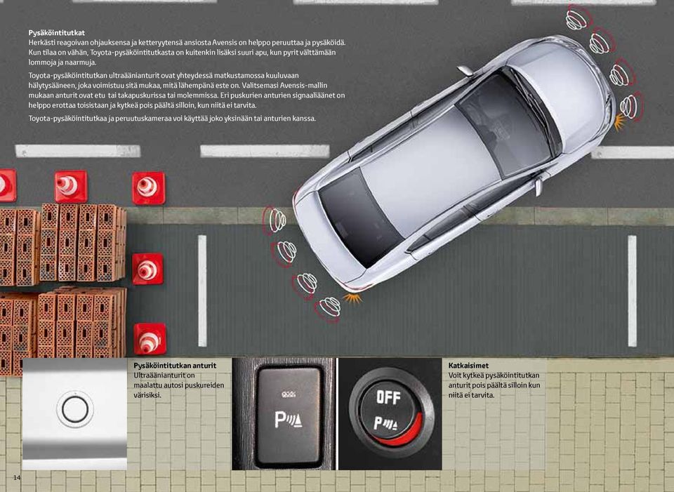 Toyota-pysäköintitutkan ultraäänianturit ovat yhteydessä matkustamossa kuuluvaan hälytysääneen, joka voimistuu sitä mukaa, mitä lähempänä este on.