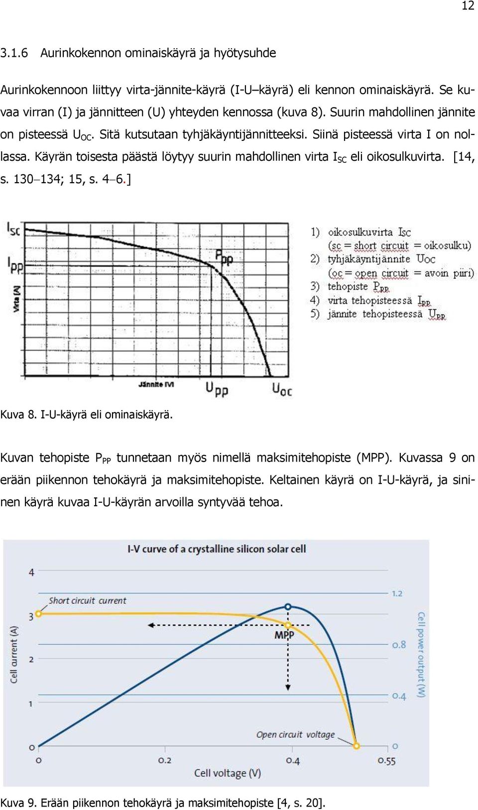 Siinä pisteessä virta I on nollassa. Käyrän toisesta päästä löytyy suurin mahdollinen virta I SC eli oikosulkuvirta. [14, s. 130 134; 15, s. 4 6.] Kuva 8. I-U-käyrä eli ominaiskäyrä.