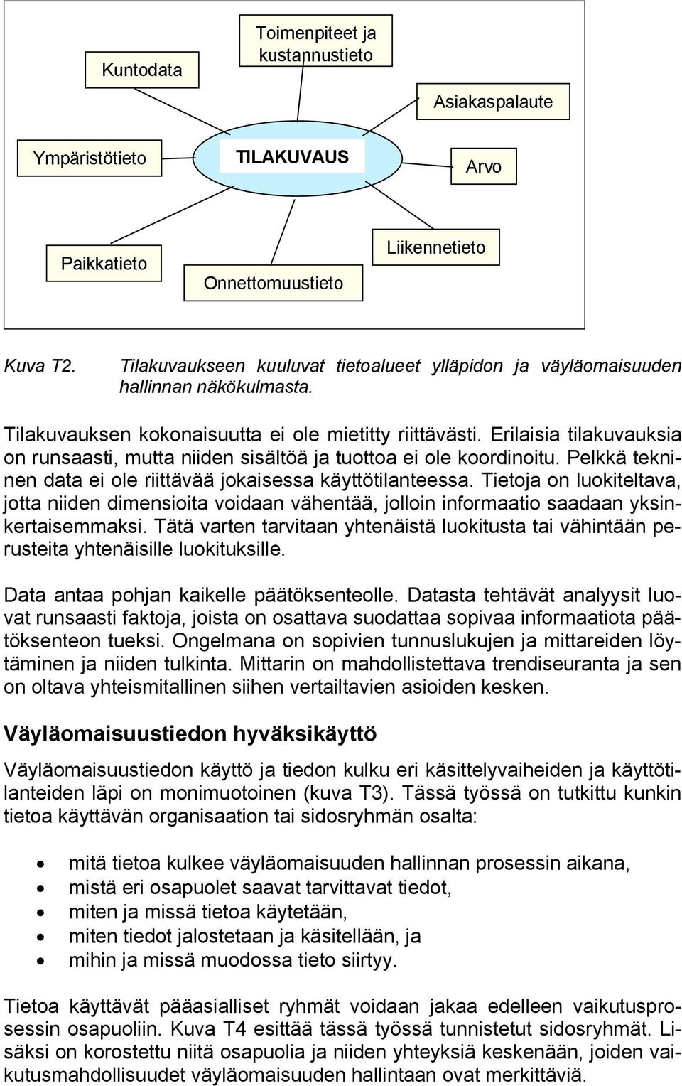 Erilaisia tilakuvauksia on runsaasti, mutta niiden sisältöä ja tuottoa ei ole koordinoitu. Pelkkä tekninen data ei ole riittävää jokaisessa käyttötilanteessa.