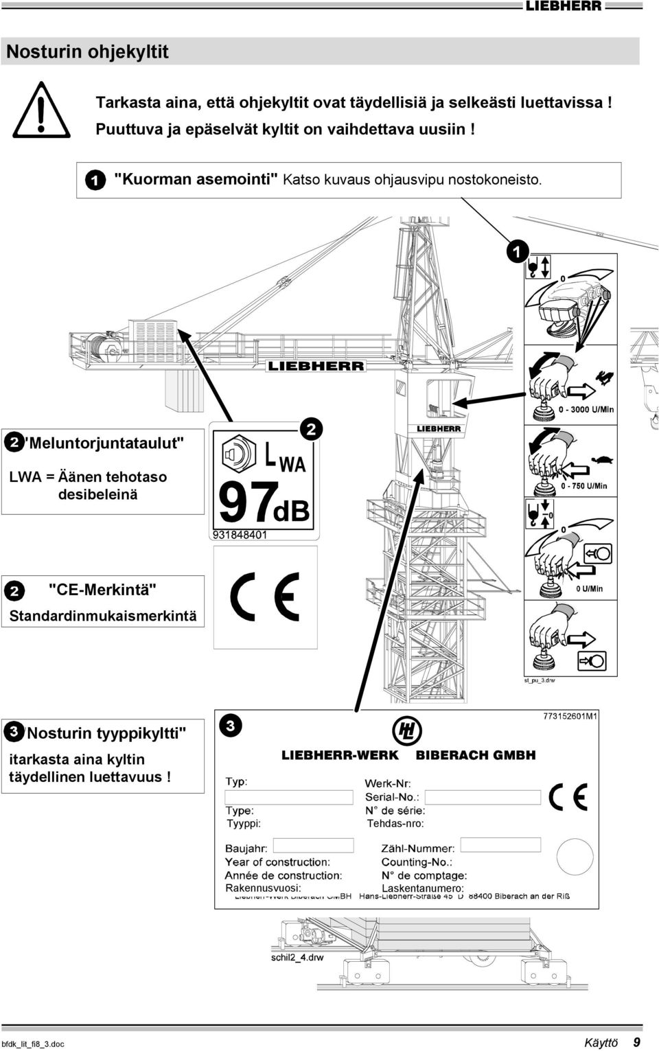 "Meluntorjuntataulut" LWA = Äänen tehotaso desibeleinä 0 "CE-Merkintä" Standardinmukaismerkintä "Nosturin