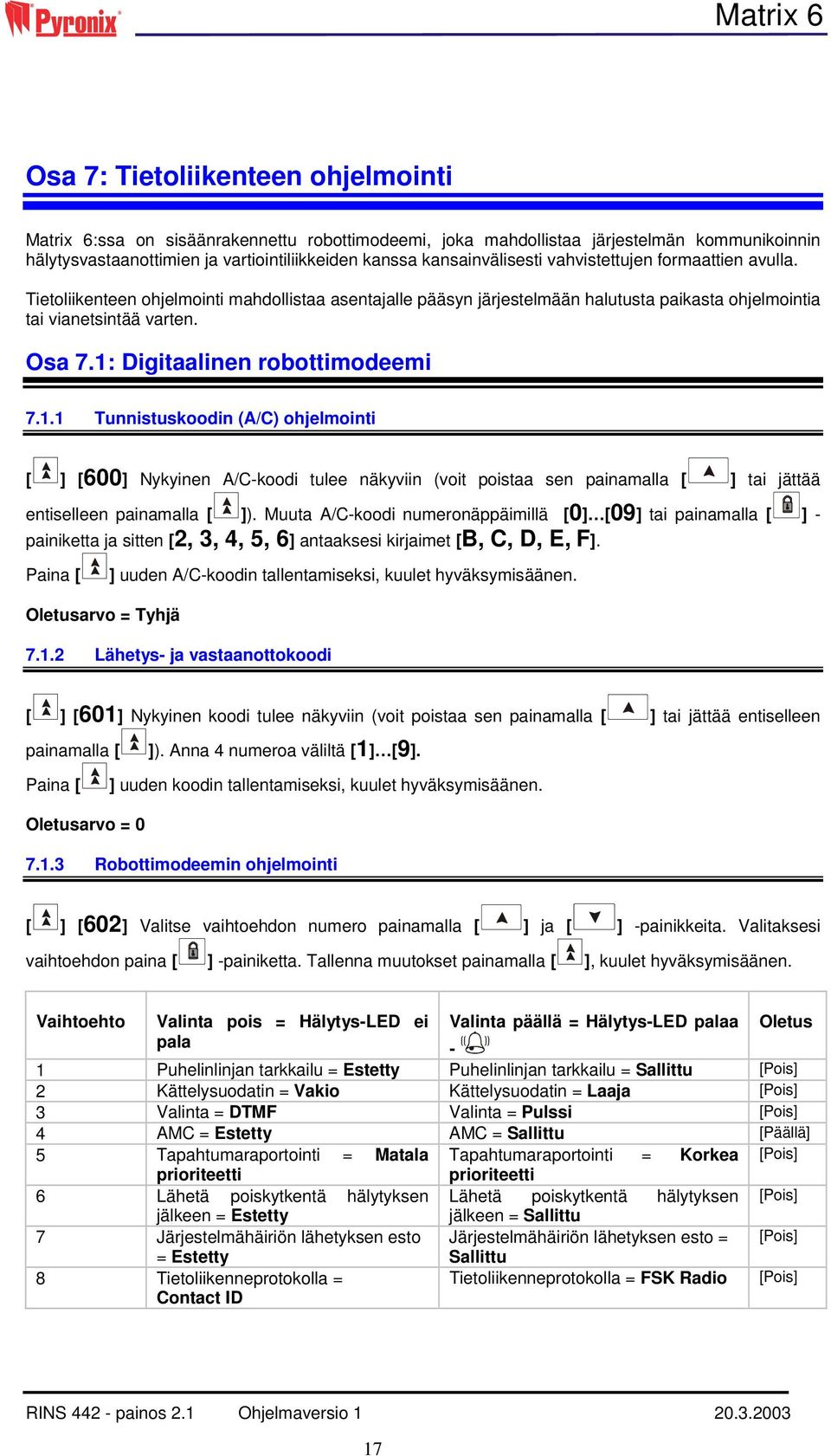 1: Digitaalinen robottimodeemi 7.1.1 Tunnistuskoodin (A/C) ohjelmointi [ ] [600] Nykyinen A/C-koodi tulee näkyviin (voit poistaa sen painamalla [ ] tai jättää entiselleen painamalla [ ]).