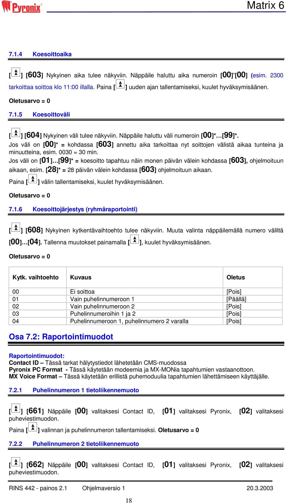 Jos väli on [00]* = kohdassa [603] annettu aika tarkoittaa nyt soittojen välistä aikaa tunteina ja minuutteina, esim. 0030 = 30 min.