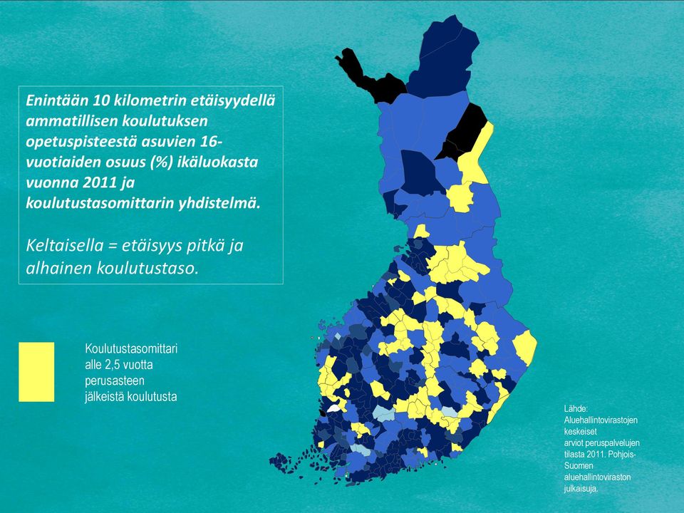 Keltaisella = etäisyys pitkä ja alhainen koulutustaso.