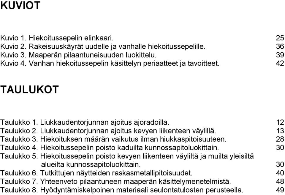 13 Taulukko 3. Hiekoituksen määrän vaikutus ilman hiukkaspitoisuuteen. 28 Taulukko 4. Hiekoitussepelin poisto kaduilta kunnossapitoluokittain. 30 Taulukko 5.