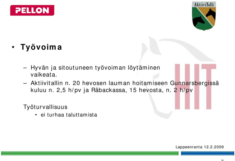 20 hevosen lauman hoitamiseen Gunnarsbergissä kuluu n.