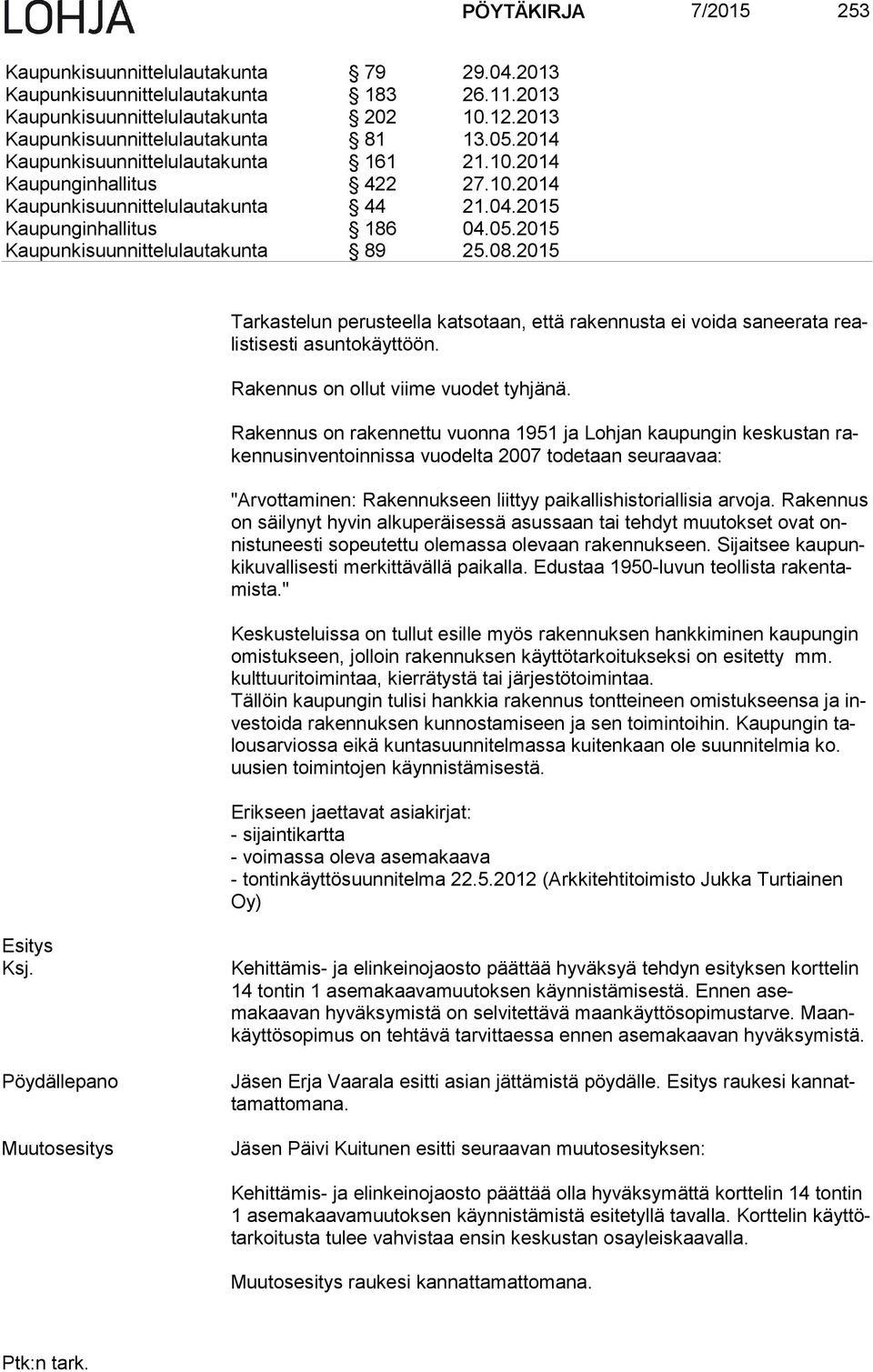 2015 Tarkastelun perusteella katsotaan, että rakennusta ei voida saneerata realis ti ses ti asuntokäyttöön. Rakennus on ollut viime vuodet tyhjänä.