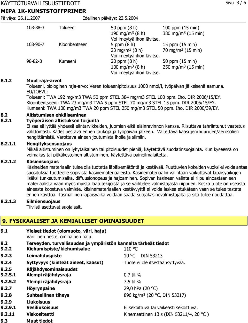 98-82-8 Kumeeni 20 ppm (8 h) 50 ppm (15 min) 100 mg/m 3 (8 h) 250 mg/m 3 (15 min) Voi imeytyä ihon lävitse. 8.1.2 Muut raja-arvot Tolueeni, biologinen raja-arvo: Veren tolueenipitoisuus 1000 nmol/l, työpäivän jälkeisenä aamuna.