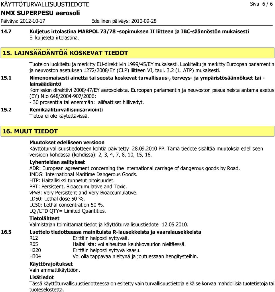 Luokiteltu ja merkitty Euroopan parlamentin ja neuvoston asetuksen 1272/2008/EY (CLP) liitteen VI, taul. 3.2 (1. ATP) mukaisesti. 15.