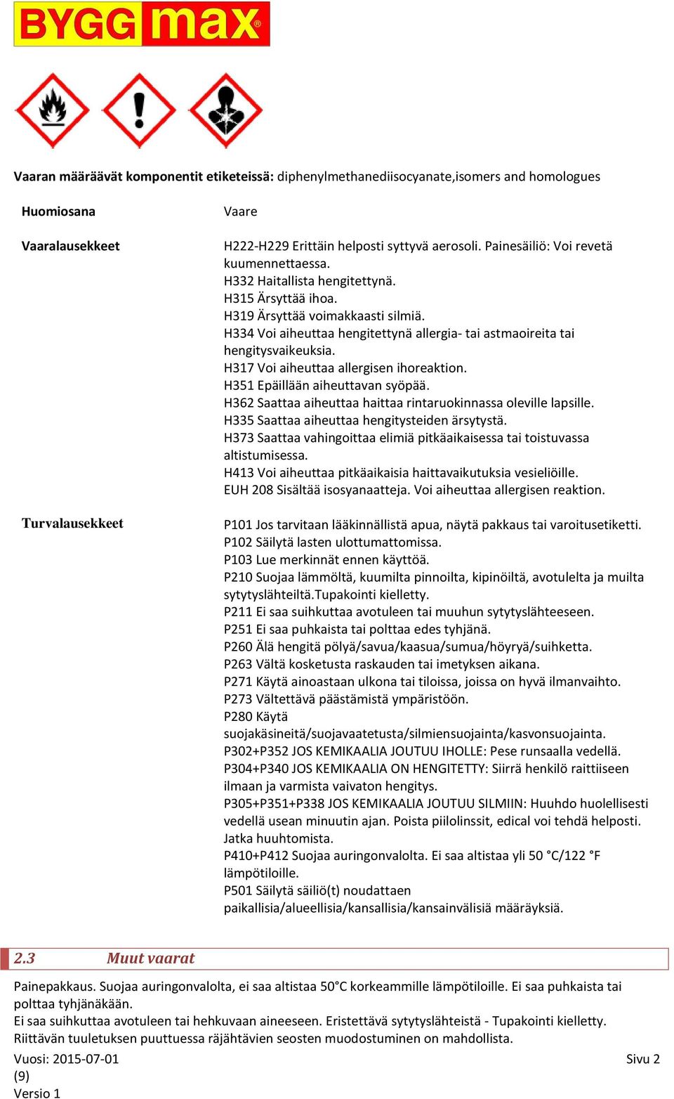 H334 Voi aiheuttaa hengitettynä allergia- tai astmaoireita tai hengitysvaikeuksia. H317 Voi aiheuttaa allergisen ihoreaktion. H351 Epäillään aiheuttavan syöpää.