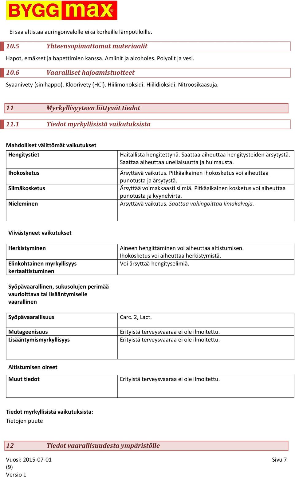 1 Tiedot myrkyllisistä vaikutuksista Mahdolliset välittömät vaikutukset Hengitystiet Ihokosketus Silmäkosketus Nieleminen Haitallista hengitettynä. Saattaa aiheuttaa hengitysteiden ärsytystä.