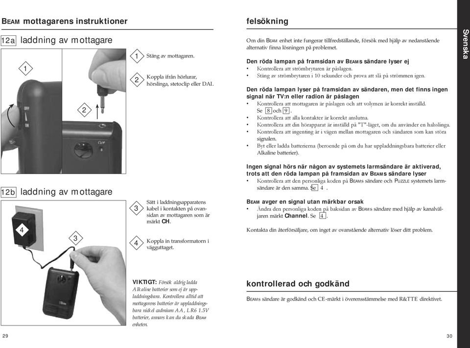 Den röda lampan på framsidan av Beams sändare lyser ej Kontrollera att strömbrytaren är påslagen. Stäng av strömbrytaren i 0 sekunder och prova att slå på strömmen igen.