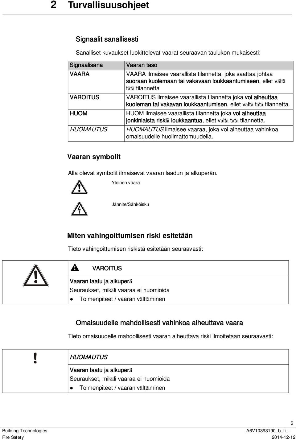 loukkaantumisen, ellet vältä tätä tilannetta. HUOM ilmaisee vaarallista tilannetta joka voi aiheuttaa jonkinlaista riskiä loukkaantua, ellet vältä tätä tilannetta.