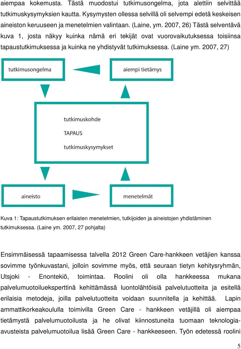 2007, 26) Tästä selventävä kuva 1, josta näkyy kuinka nämä eri tekijät ovat vuorovaikutuksessa toisiinsa tapaustutkimuksessa ja kuinka ne yhdistyvät tutkimuksessa. (Laine ym.