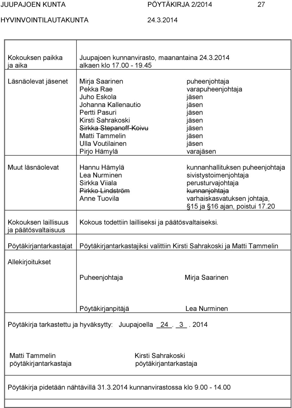 Hannu Hämylä Lea Nurminen Sirkka Viiala Pirkko Lindström Anne Tuovila puheenjohtaja varapuheenjohtaja jäsen jäsen jäsen jäsen jäsen jäsen jäsen varajäsen kunnanhallituksen puheenjohtaja