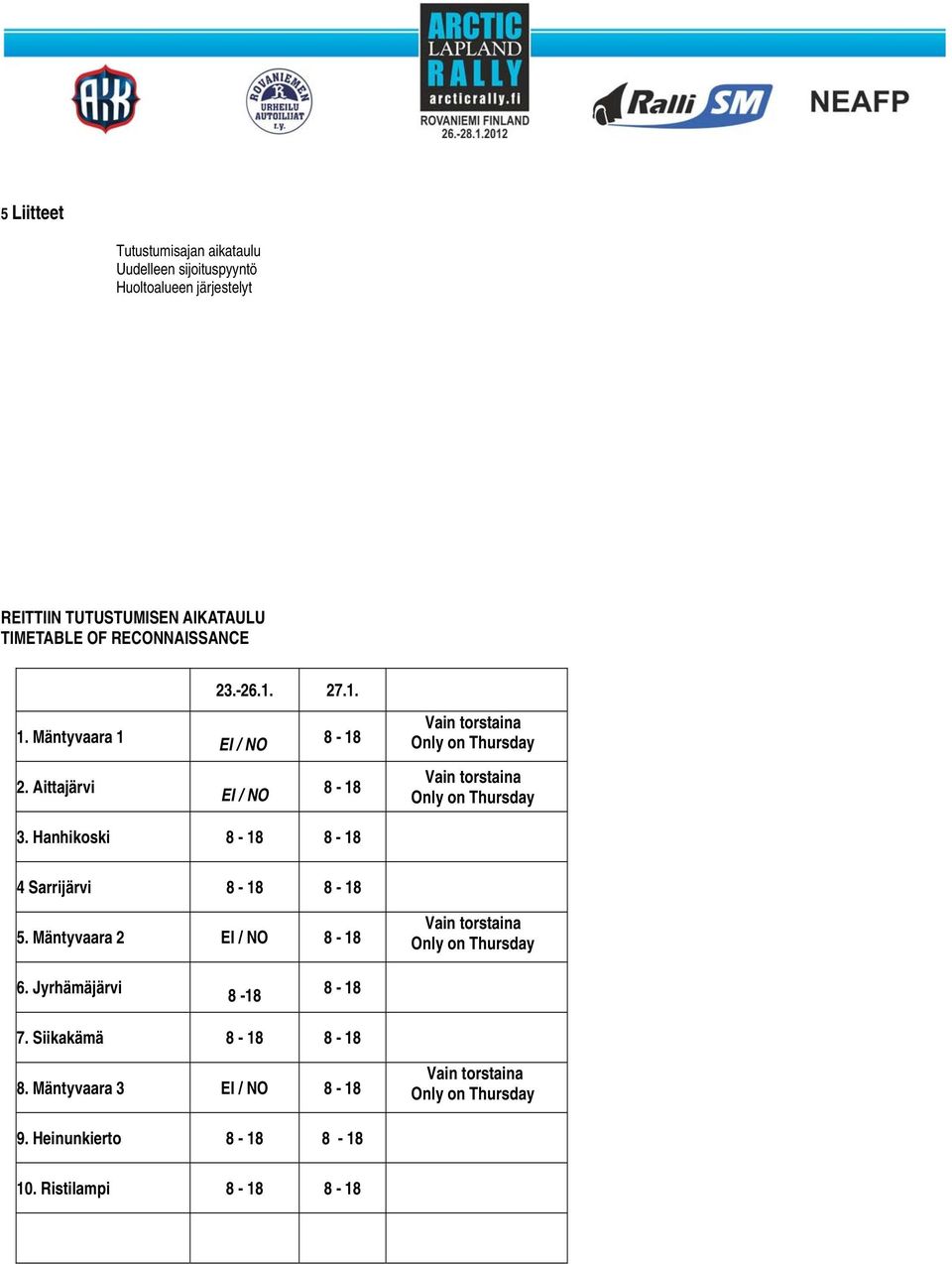 Hanhikoski 8-18 8-18 4 Sarrijärvi 8-18 8-18 5. Mäntyvaara 2 EI / NO 8-18 Vain torstaina Only on Thursday 6. Jyrhämäjärvi 8-18 8-18 7.