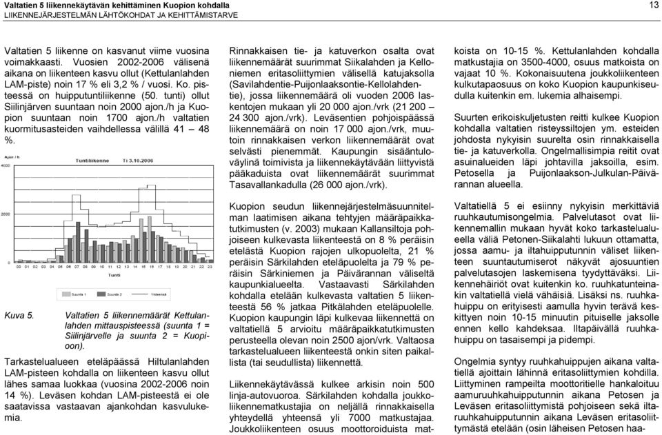 tunti) ollut Siilinjärven suuntaan noin 2000 ajon./h ja Kuopion suuntaan noin 1700 ajon./h valtatien kuormitusasteiden vaihdellessa välillä 41 48 %. Kuva 5.