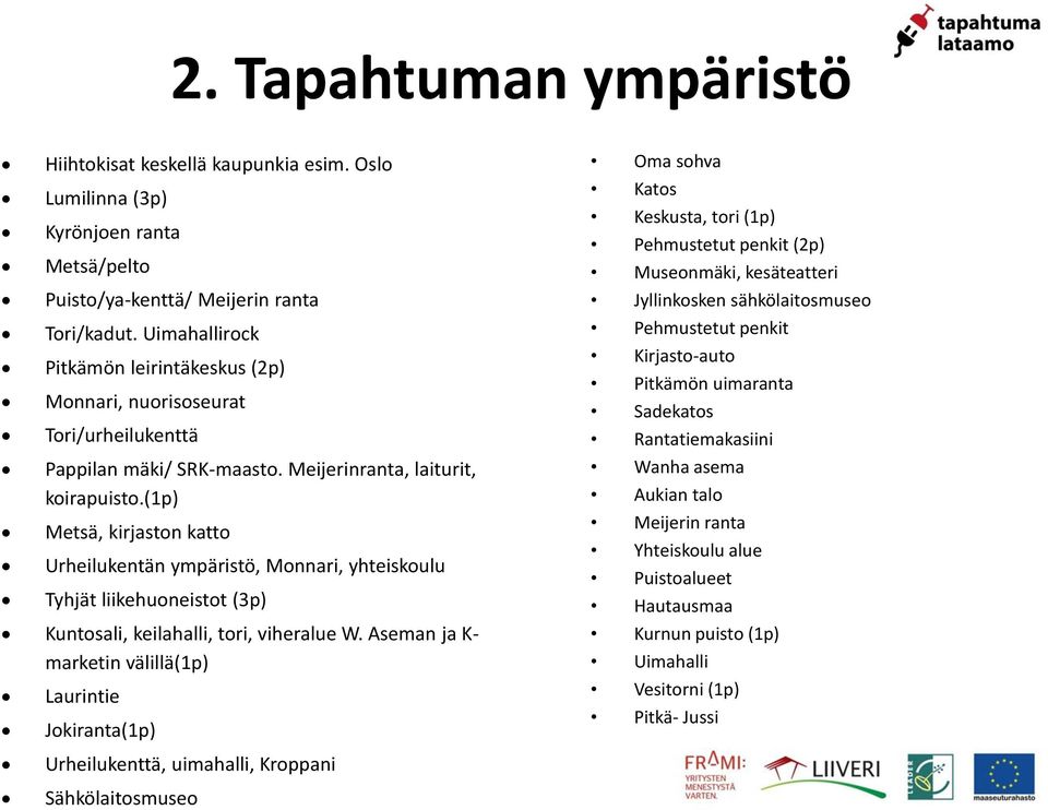 (1p) Metsä, kirjaston katto Urheilukentän ympäristö, Monnari, yhteiskoulu Tyhjät liikehuoneistot (3p) Kuntosali, keilahalli, tori, viheralue W.