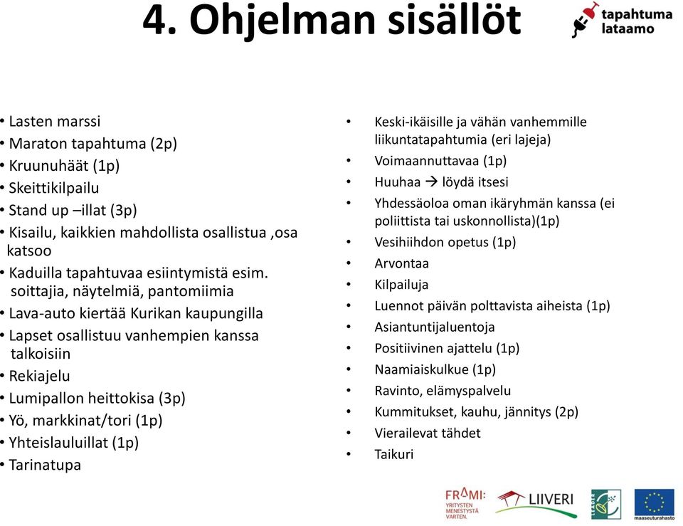 (1p) Tarinatupa Keski-ikäisille ja vähän vanhemmille liikuntatapahtumia (eri lajeja) Voimaannuttavaa (1p) Huuhaa löydä itsesi Yhdessäoloa oman ikäryhmän kanssa (ei poliittista tai uskonnollista)(1p)