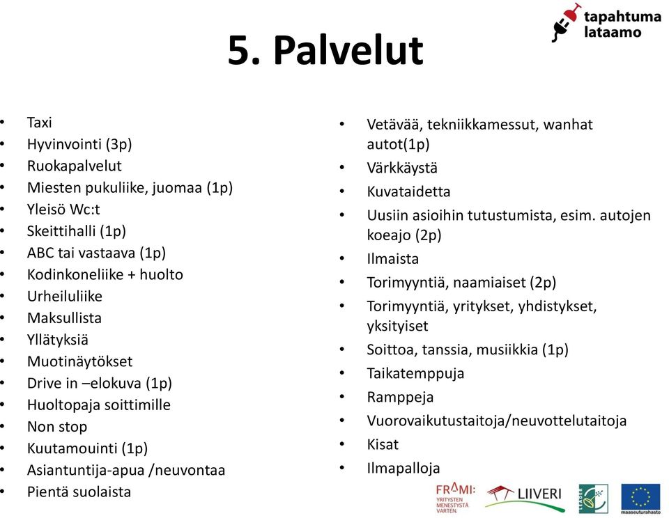 suolaista Vetävää, tekniikkamessut, wanhat autot(1p) Värkkäystä Kuvataidetta Uusiin asioihin tutustumista, esim.