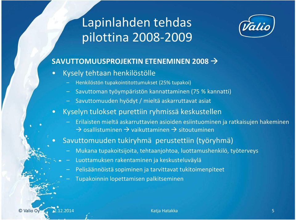 esiintuominen ja ratkaisujen hakeminen osallistuminen vaikuttaminen sitoutuminen Savuttomuuden tukiryhmä perustettiin (työryhmä) Mukana tupakoitsijoita, tehtaanjohtoa,