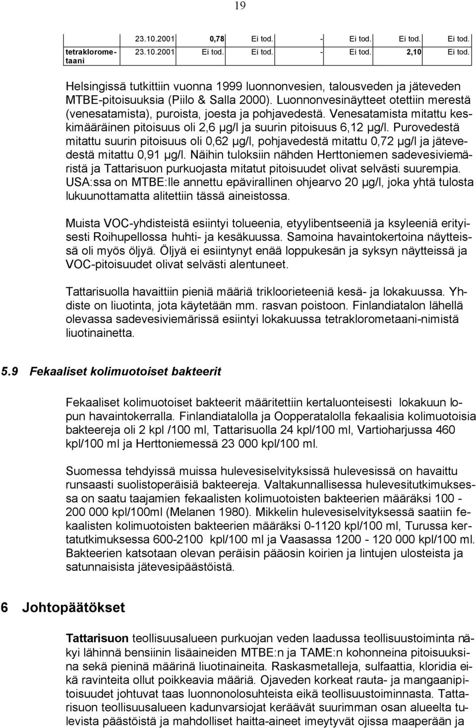 Venesatamista mitattu keskimääräinen pitoisuus oli 2,6 µg/l ja suurin pitoisuus 6,12 µg/l.