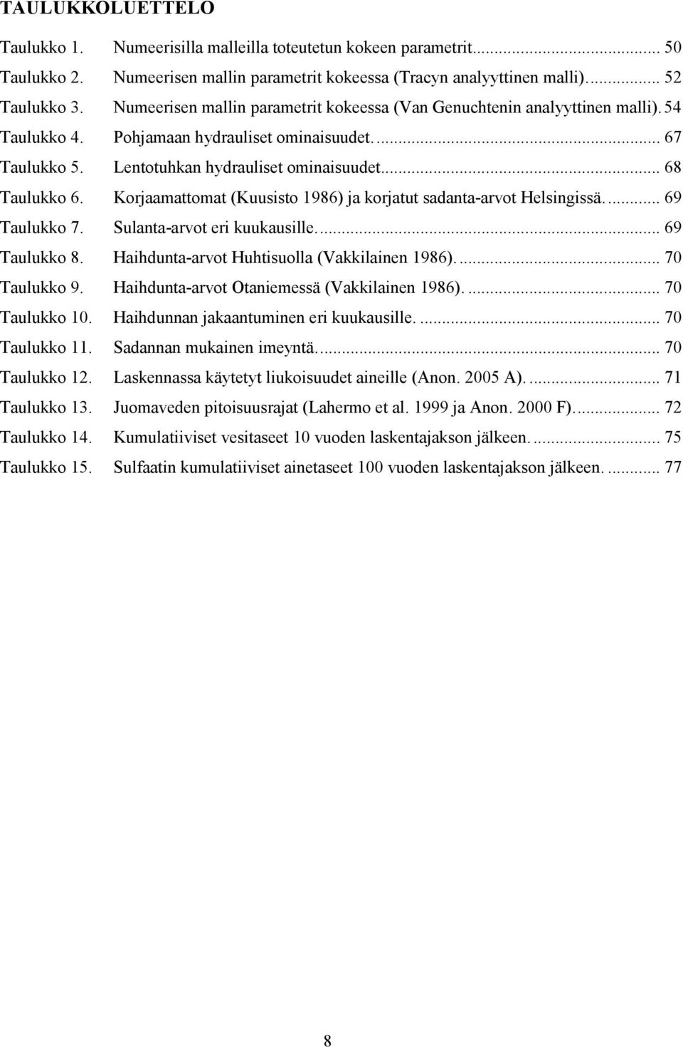 oraamaoma (uusso 986) a korau sadana-arvo elsngssä... 69 Taulukko 7. Sulana-arvo er kuukauslle... 69 Taulukko 8. ahduna-arvo uhsuolla (Vakklanen 986)... 7 Taulukko 9.