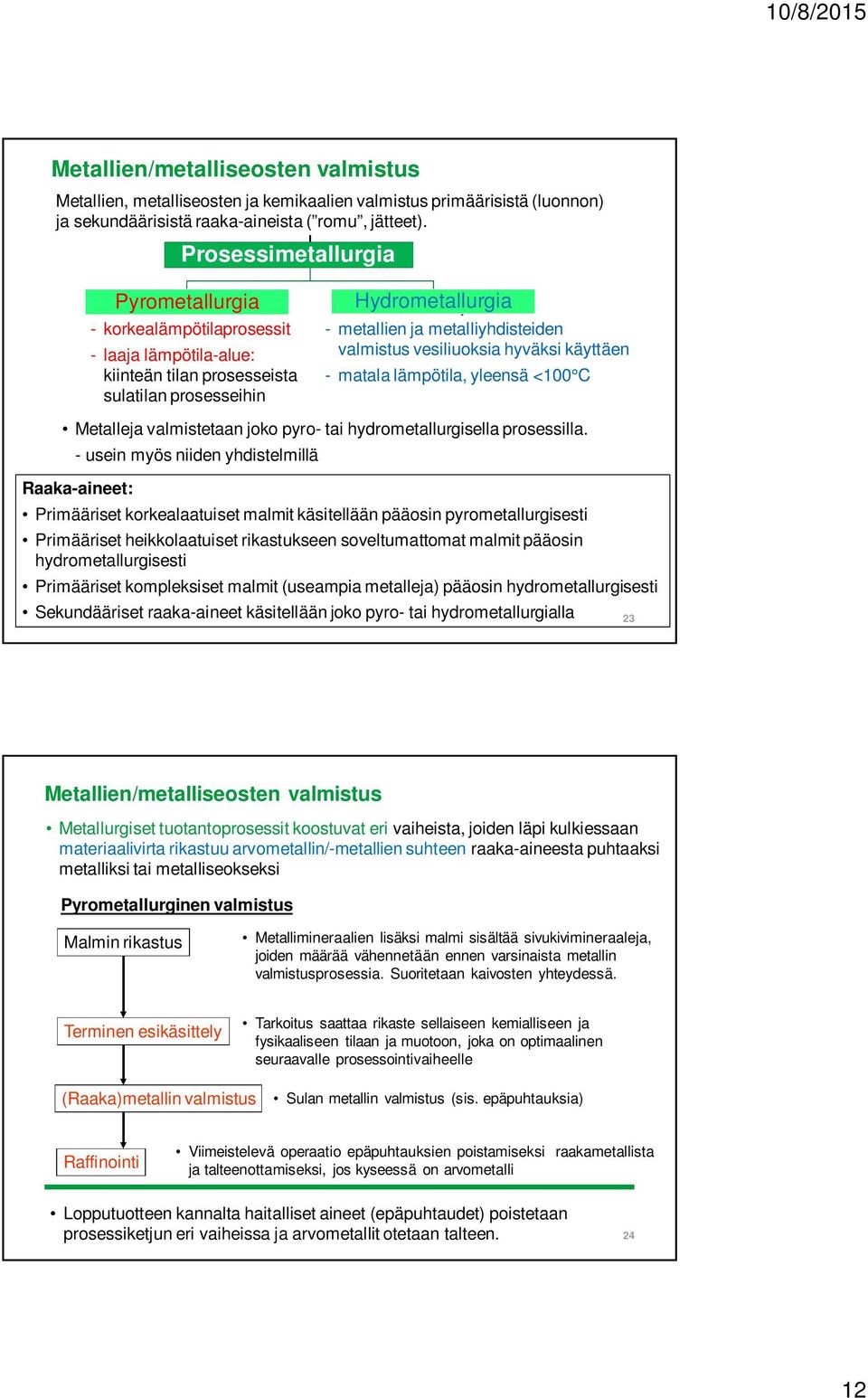 vesiliuoksia hyväksi käyttäen - matala lämpötila, yleensä <100 C Metalleja valmistetaan joko pyro- tai hydrometallurgisella prosessilla.