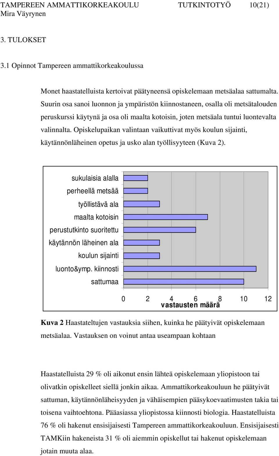 Opiskelupaikan valintaan vaikuttivat myös koulun sijainti, käytännönläheinen opetus ja usko alan työllisyyteen (Kuva 2).