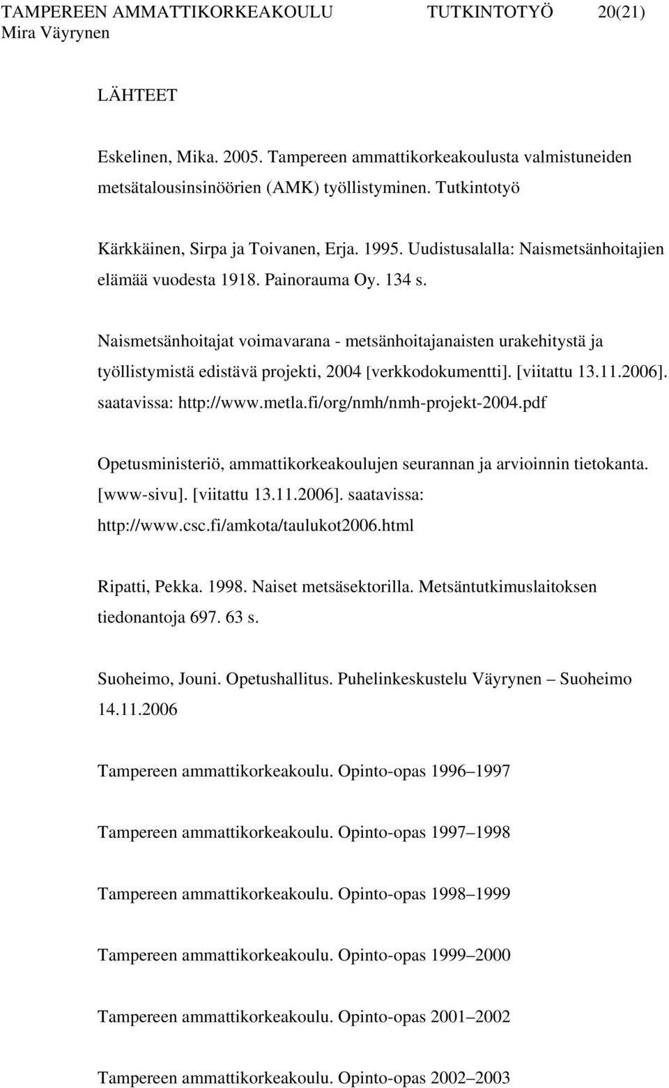 Naismetsänhoitajat voimavarana - metsänhoitajanaisten urakehitystä ja työllistymistä edistävä projekti, 2004 [verkkodokumentti]. [viitattu 13.11.2006]. saatavissa: http://www.metla.