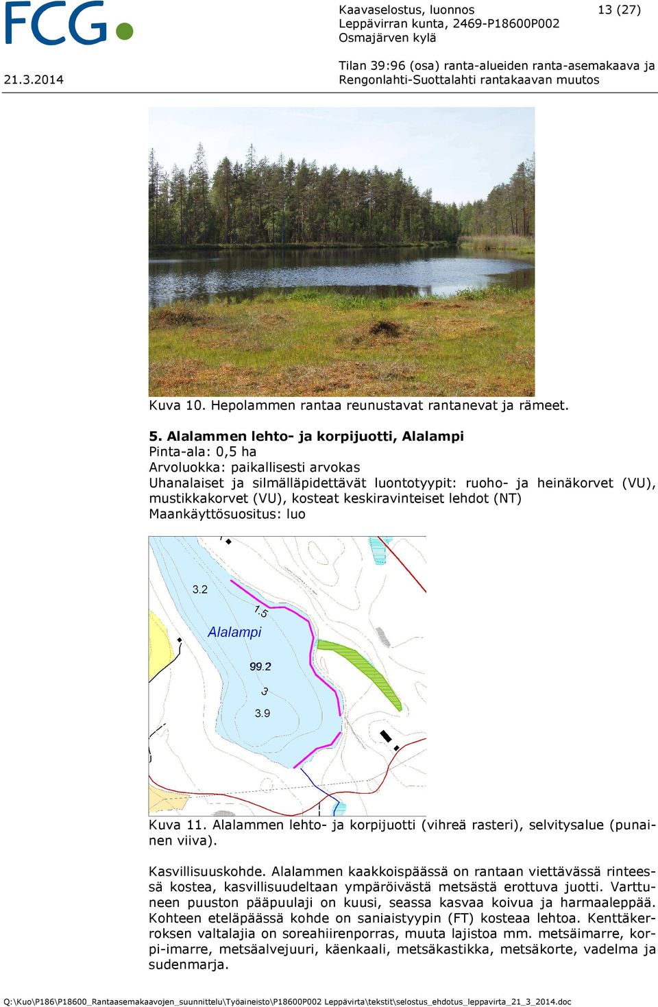 keskiravinteiset lehdot (NT) Maankäyttösuositus: luo Kuva 11. Alalammen lehto- ja korpijuotti (vihreä rasteri), selvitysalue (punainen viiva). Kasvillisuuskohde.