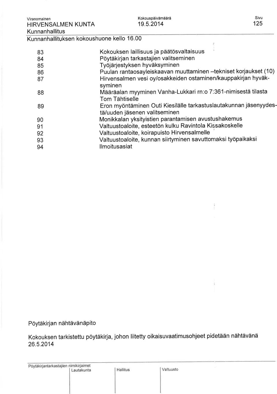 muuttaminen -tekniset korjaukset (1 0) H i rvensalmen vesi oyiosakkeiden ostam inen/kauppakirjan hyväksyminen Mää räa lan myym inen Va n ha-lu kkari rn : o 7'.