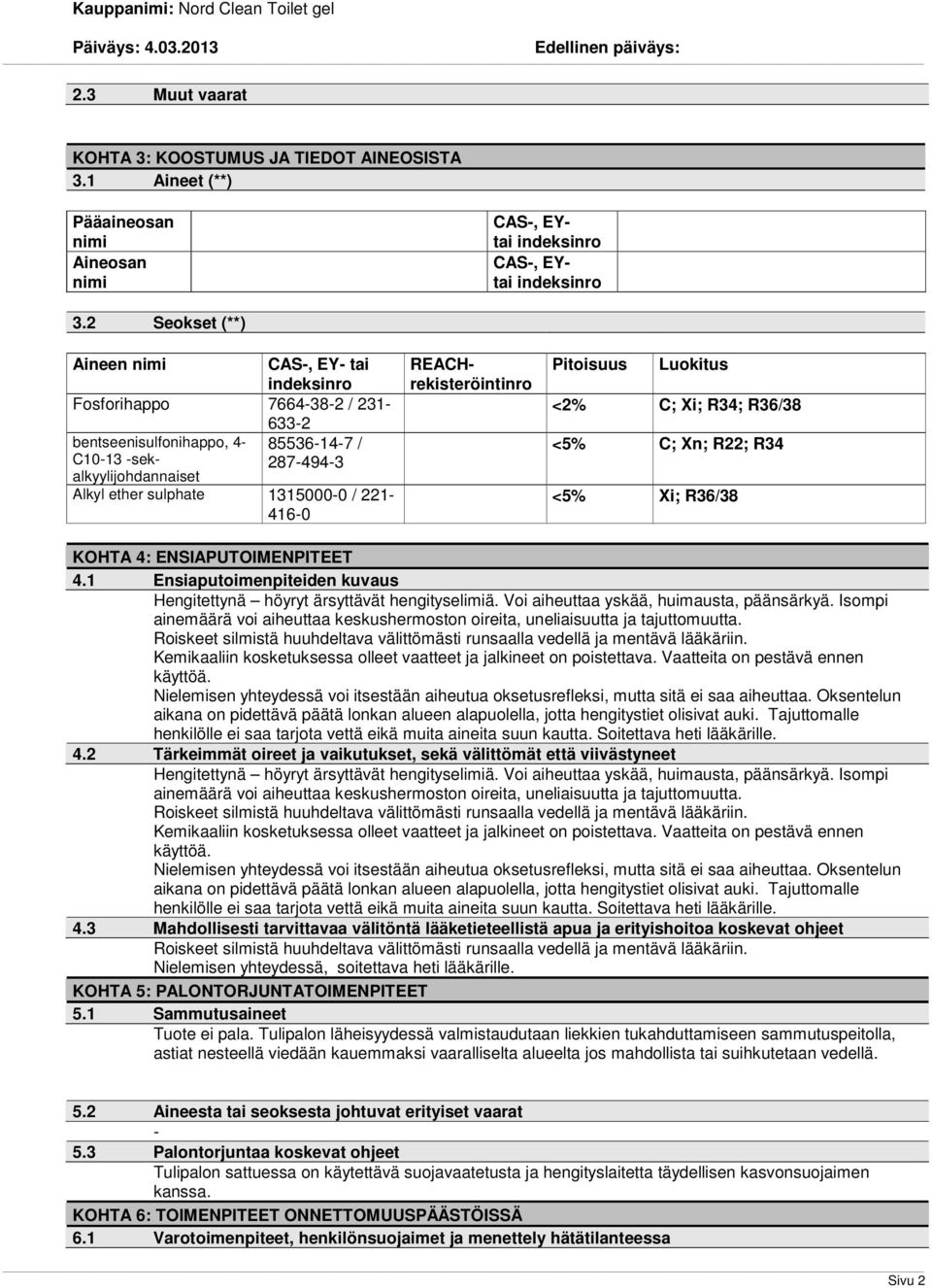 REACHrekisteröintinro Pitoisuus Luokitus <2% C; Xi; R34; R36/38 <5% C; Xn; R22; R34 <5% Xi; R36/38 KOHTA 4: ENSIAPUTOIMENPITEET 4.