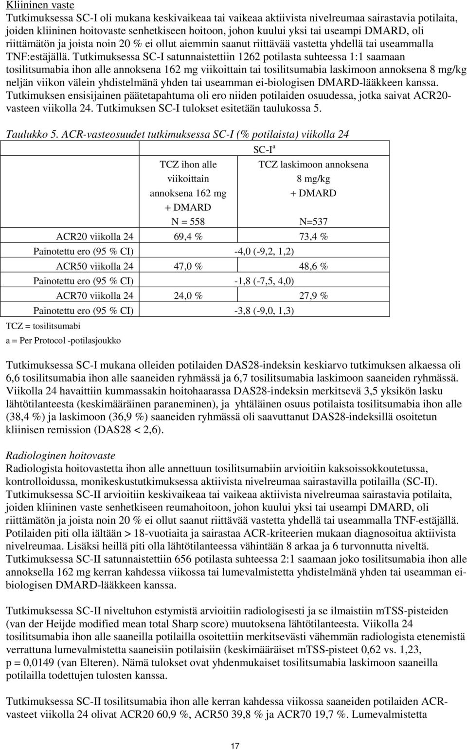 Tutkimuksessa SC-I satunnaistettiin 1262 potilasta suhteessa 1:1 saamaan tosilitsumabia ihon alle annoksena 162 mg viikoittain tai tosilitsumabia laskimoon annoksena 8 mg/kg neljän viikon välein