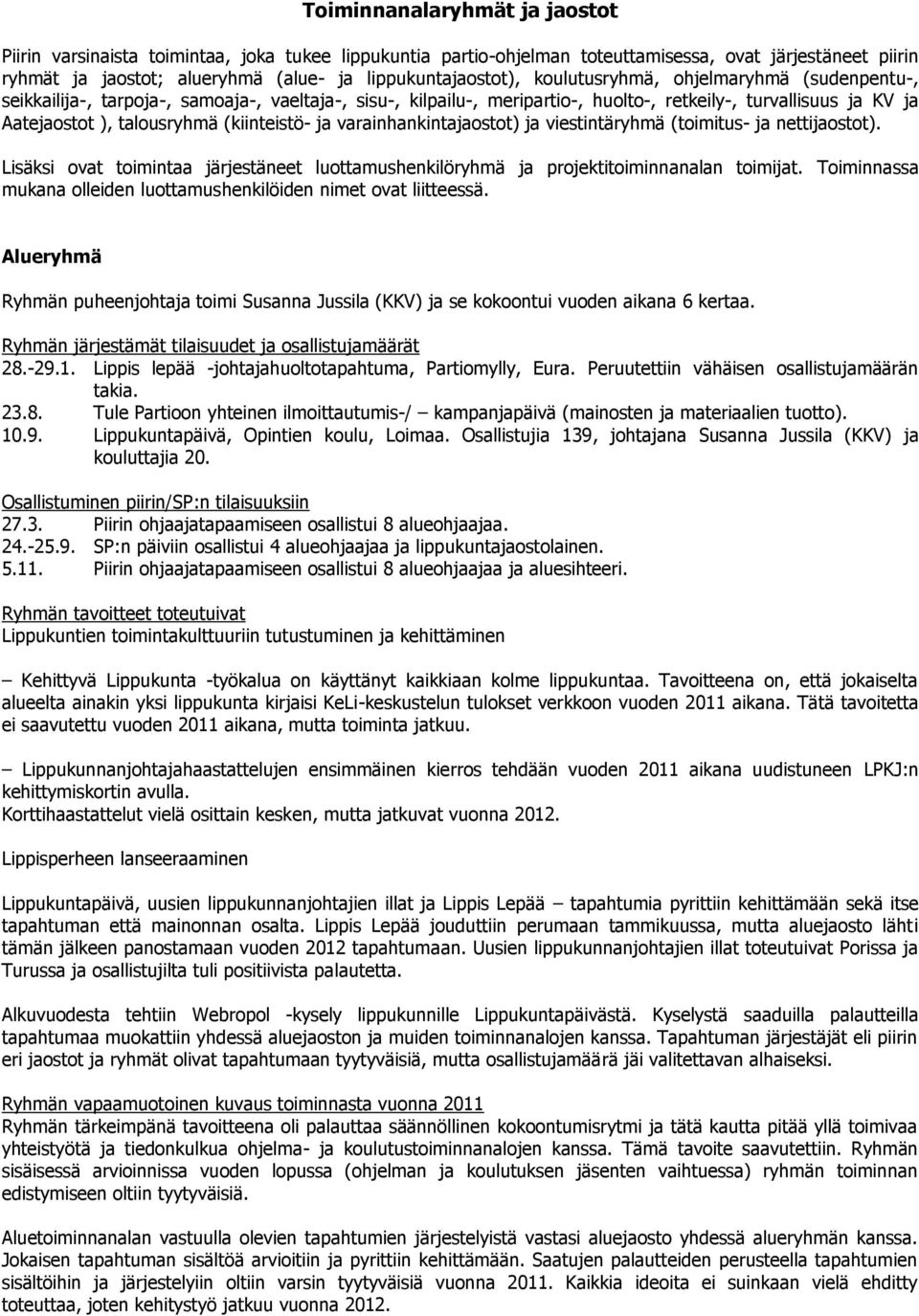 ja varainhankintajaostot) ja viestintäryhmä (toimitus- ja nettijaostot). Lisäksi ovat toimintaa järjestäneet luottamushenkilöryhmä ja projektitoiminnanalan toimijat.