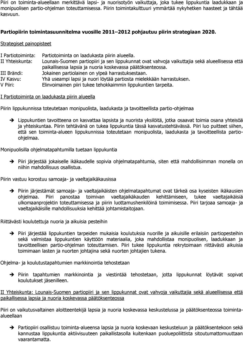 Strategiset painopisteet I Partiotoiminta: II Yhteiskunta: III Brändi: IV Kasvu: V Piiri: Partiotoiminta on laadukasta piirin alueella.