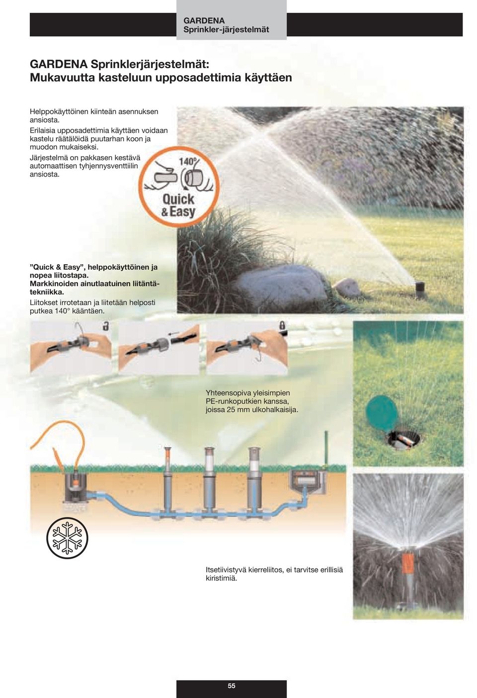 Järjestelmä on pakkasen kestävä automaattisen tyhjennysventtiilin ansiosta. Quick & Easy, helppokäyttöinen ja nopea liitostapa.