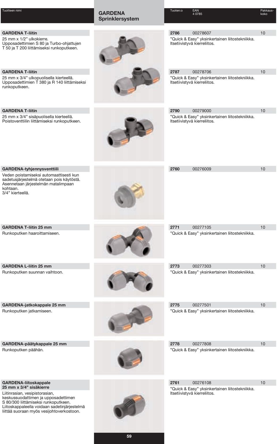 Poistoventtiilin liittämiseksi runkoputkeen. 2790 00279000 10 Itsetiivistyvä kierreliitos. -tyhjennysventtiili Veden poistamiseksi automaattisesti kun sadetusjärjestelmä otetaan pois käytöstä.