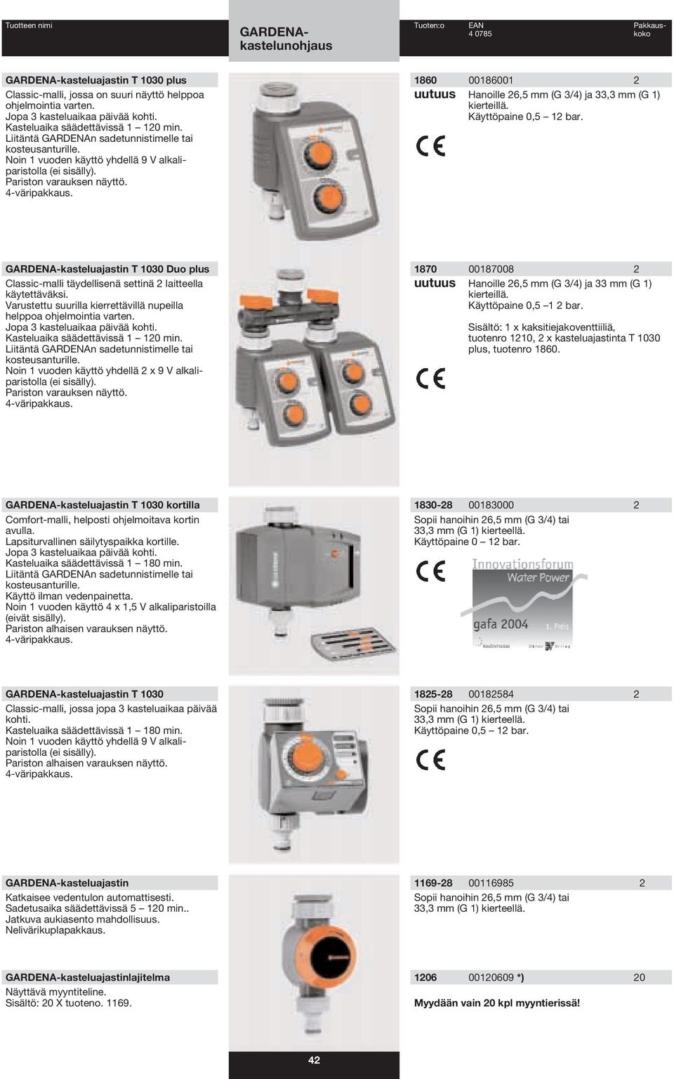 1860 00186001 2 uutuus Hanoille 26,5 mm (G 3/4) ja 33,3 mm (G 1) kierteillä. Käyttöpaine 0,5 12 bar. -kasteluajastin T 1030 Duo plus Classic-malli täydellisenä settinä 2 laitteella käytettäväksi.
