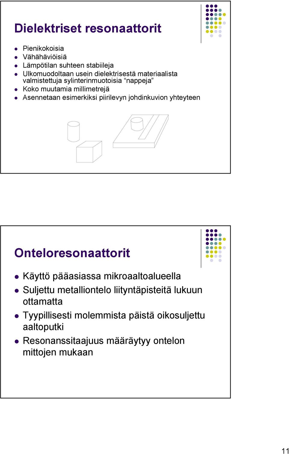 johdinkuvion yhteyteen Onteloresonaattorit Käyttö pääasiassa mikroaaltoalueella Suljettu metalliontelo liityntäpisteitä