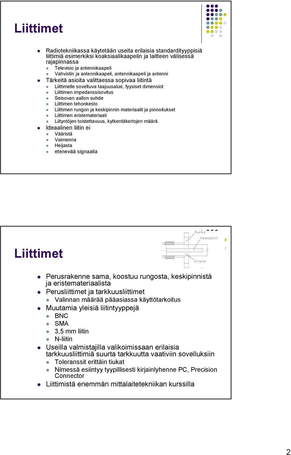 Liittimen tehonkesto Liittimen rungon ja keskipinnin materiaalit ja pinnoitukset Liittimen eristemateriaali Liityntöjen toistettavuus, kytkentäkertojen määrä Ideaalinen liitin ei Vääristä Vaimenna