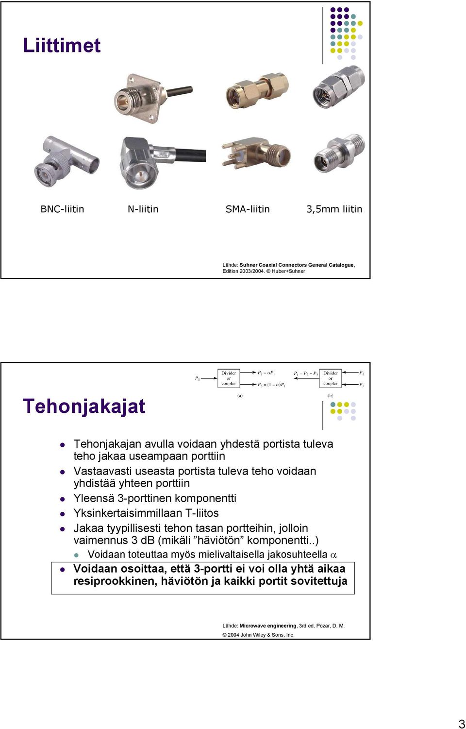 porttiin Yleensä 3-porttinen komponentti Yksinkertaisimmillaan T-liitos Jakaa tyypillisesti tehon tasan portteihin, jolloin vaimennus 3 db (mikäli häviötön komponentti.