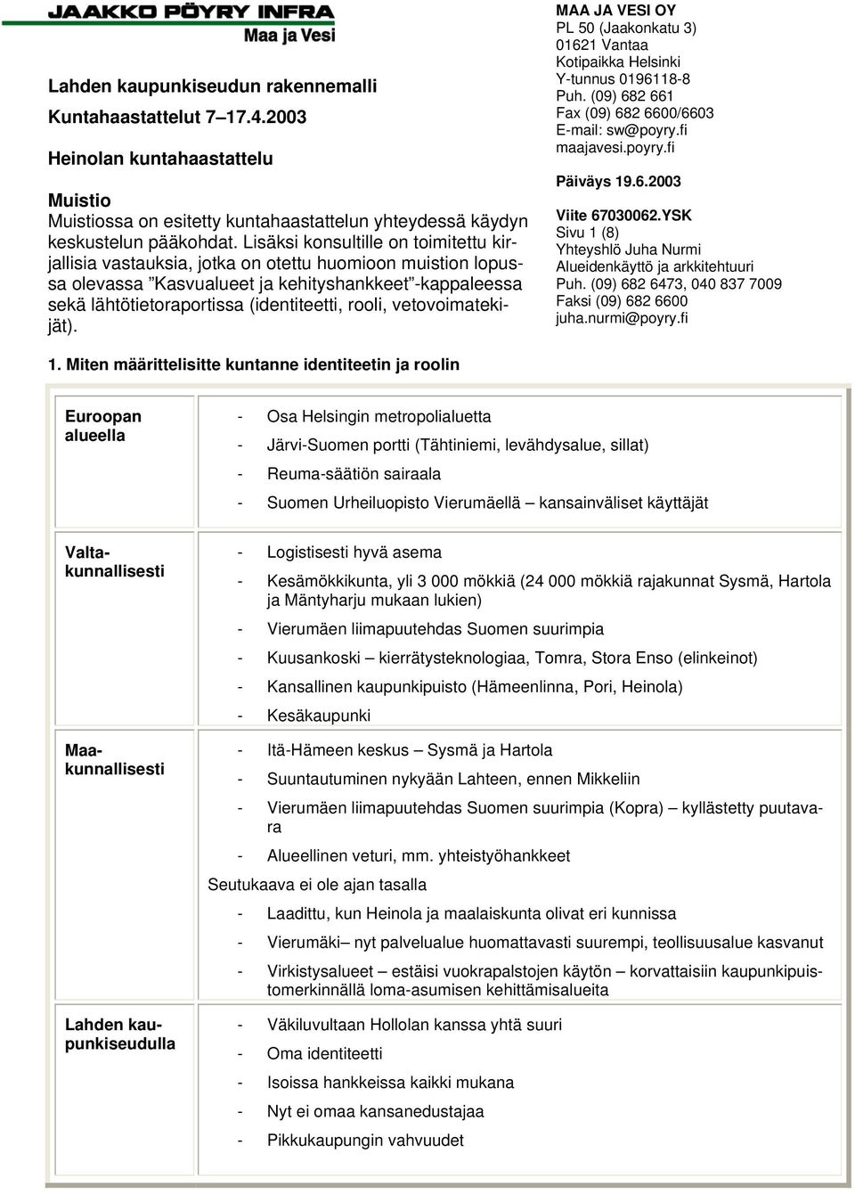 rooli, vetovoimatekijät). MAA JA VESI OY PL 50 (Jaakonkatu 3) 01621 Vantaa Kotipaikka Helsinki Y-tunnus 0196118-8 Puh. (09) 682 661 Fax (09) 682 6600/6603 E-mail: sw@poyry.fi maajavesi.poyry.fi Päiväys 19.