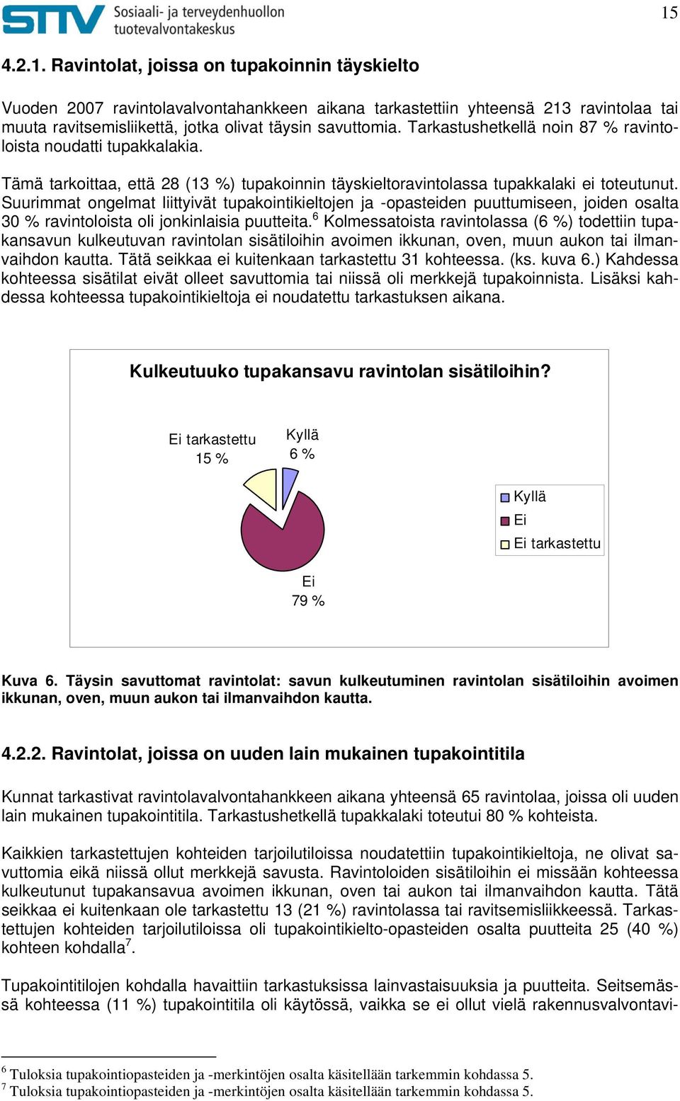 Suurimmat ongelmat liittyivät tupakointikieltojen ja -opasteiden puuttumiseen, joiden osalta 30 % ravintoloista oli jonkinlaisia puutteita.