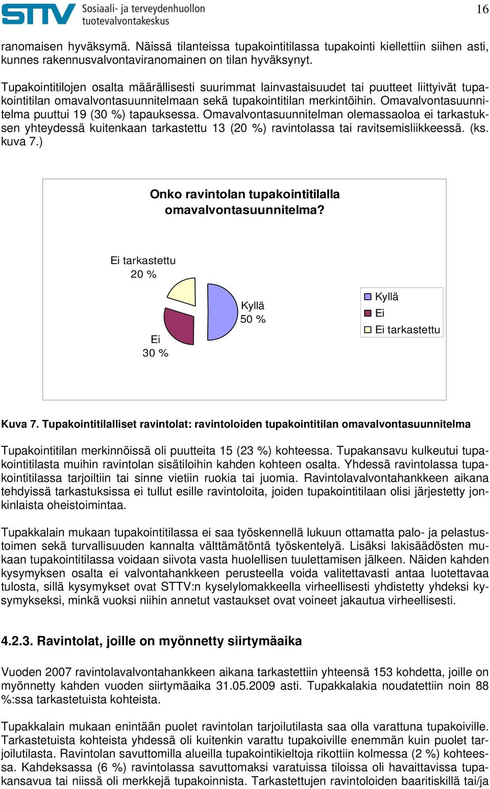 Omavalvontasuunnitelma puuttui 19 (30 %) tapauksessa. Omavalvontasuunnitelman olemassaoloa ei tarkastuksen yhteydessä kuitenkaan tarkastettu 13 (20 %) ravintolassa tai ravitsemisliikkeessä. (ks.