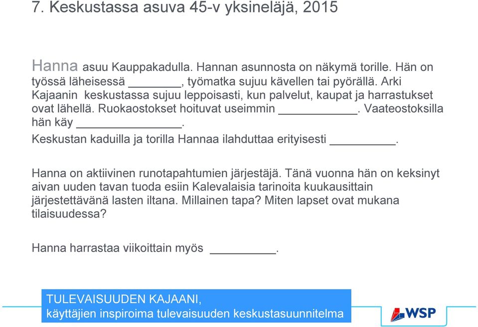 Keskustan kaduilla ja torilla Hannaa ilahduttaa erityisesti. Hanna on aktiivinen runotapahtumien järjestäjä.
