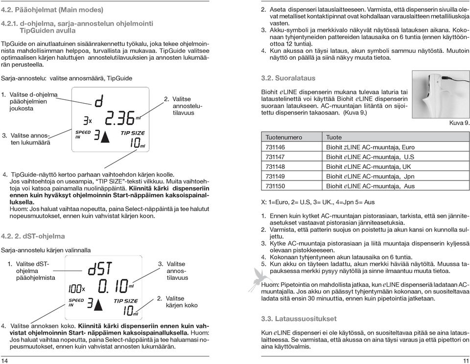 TipGuide valitsee optimaalisen kärjen haluttujen annostelutilavuuksien ja annosten lukumäärän perusteella. Sarja-annostelu: valitse annosmäärä, TipGuide 2. Aseta dispenseri latauslaitteeseen.