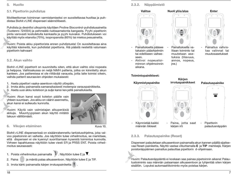 Pyyhi pipettorin pinta varovasti kostutetulla kankaalla ja pyyhi kuivaksi. Puhdistukseen voi käyttää myös etanolia (70%), isopropanolia (60%) tai mietoa pesuainetta.